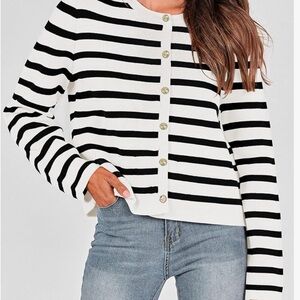 Black and White Striped Cardigan Sweater